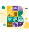An illustration in the shape of letter "B", composed of various icons symbolising key social, environmental, and governance Impact Topic areas.