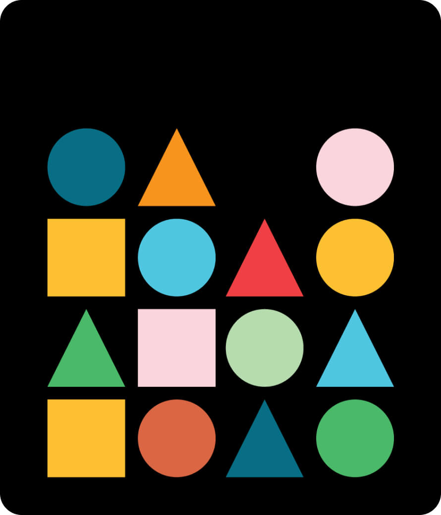 Grid of colourful geometric shapes—circles, triangles, squares—on a black background, representing diversity and inclusivity.