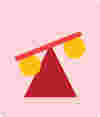 Abstract illustration of a red triangle and a diagonal line forming a scale, with yellow circles underneath each side of the scale, symbolising balance.