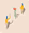Illustration of two person waving at each other with a blooming flower between them, symbolising community and engagement..