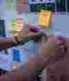 A pair of hands putting sticky notes and papers on a whiteboard.